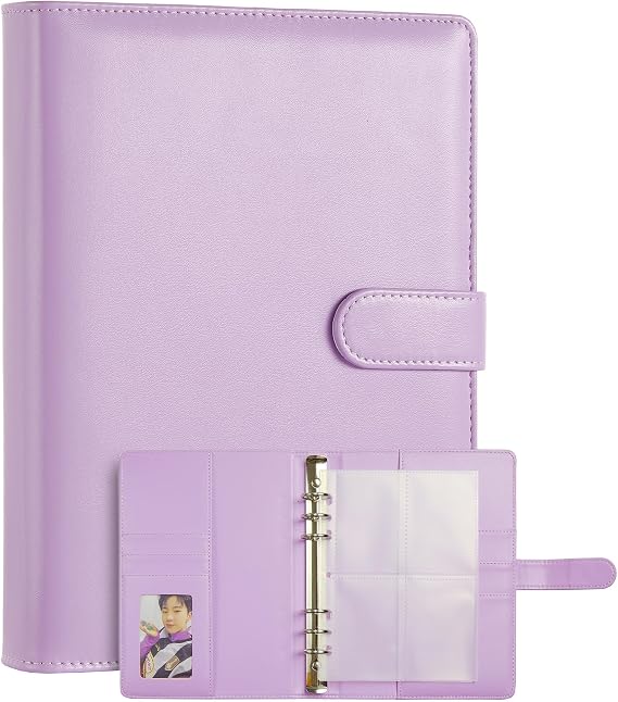 A5 K-pop Photocard Binder, PU Leather refillable Pages, 6 Ring Organizer Binder Cover with 10 Pocket Pages and 1 Set of backboards, Personal Planner with Magnetic Buckle (Lilac)