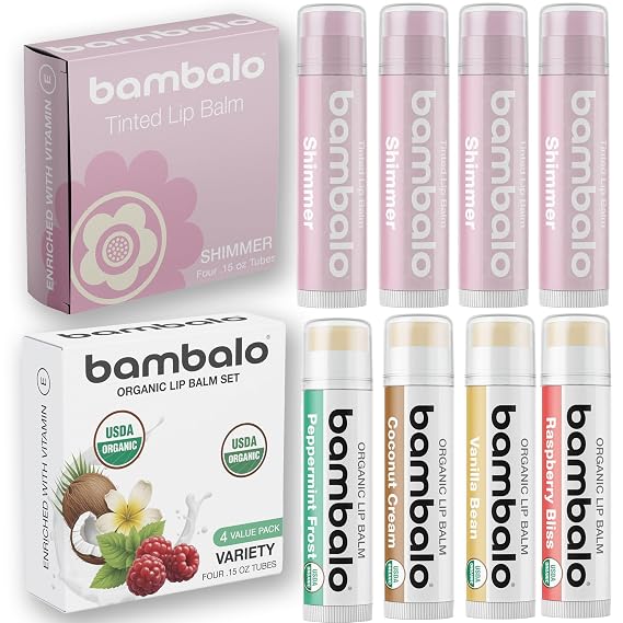 8-Pack Lip Balm Set with 4 Shimmer Tinted Balms & USDA Organic Flavors Includes Shimmer, Peppermint, Raspberry, Vanilla, and Coconut Moisturizing & Nourishing Lip Care