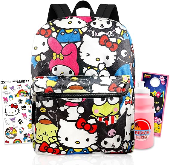 Hello Kitty Backpack for Girld - Bundle with 16" Sanrio Bookbag, Water Bottle, Stickers, More | Hello Kitty School Bag for Girls, Kids | Large Durable Sanrio School Bag w/ Front Zip Pocket Plus Water Bottle, Stickers, More - Hello Kitty School Supplies