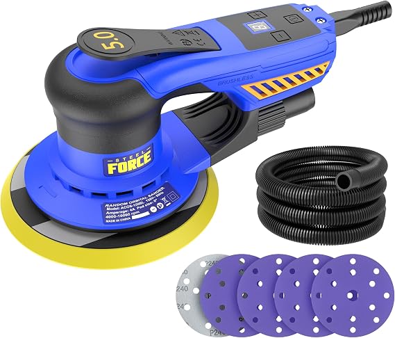 Steel Force 5mm Random Orbital Sander, Brushless 480W 4A, Multi-function Variable Speed Electric Corded Detail Sanders Machine with 6 Inch Sanding Pad, 5 Mesh Sanding Discs and 1 Pad Saver