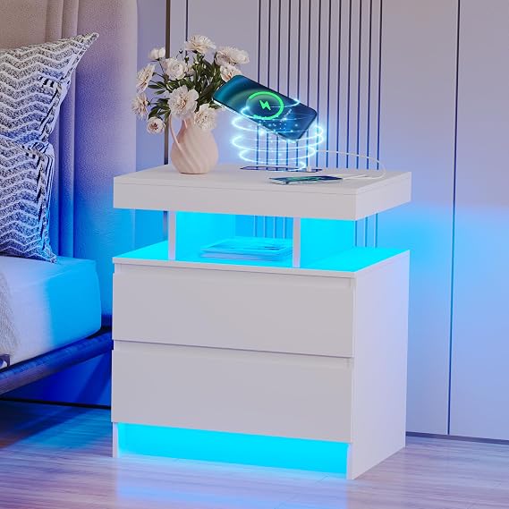 Vlsrka Smart Bedside Table with Charging Station Wireless Charging and LED Light
