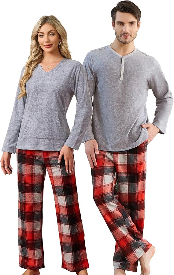 U2SKIIN Couple Pajama Sets, Plaid Pajama Set for Men and Women Soft Warm Pjs Set