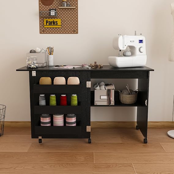 4-in-1 Folding Sewing Table with Lockable Wheels, Multi-Functional Craft Station, End Table, Computer Desk and Kitchen Storage with Shelves, Rolling Sewing Machine Table for Apartments, Black