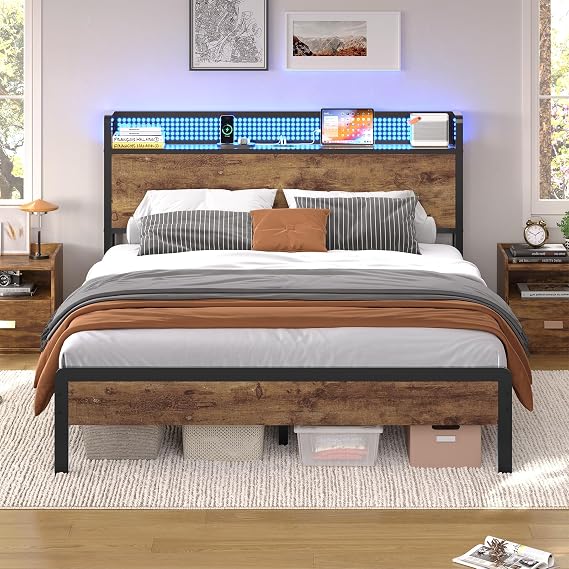 KIMENICH Double Bed Frame, Bed 135 x 190 cm with LED Lighting, Wooden Storage Headboard with Sockets, No Box Spring Needed, Noise Free, Metal Platform Support, Easy Assembly, Vintage Brown
