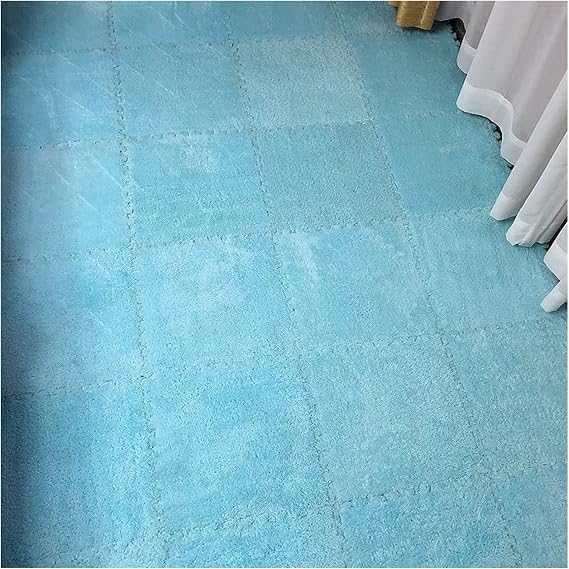12 X 12 Inch Interlocking Carpet Tiles,10 Pieces EVA Foam Mats, Soft Fluffy Plush Area Rugs Floor Tiles, Puzzle Play Mat for Living Room Bedroom,Blue