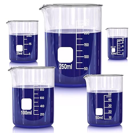 Glass Beakers Set, 5 Sizes - 10ml, 25ml, 50ml, 100ml, 250ml, 3.3 Borosilicate Beaker for Laboratories, Classrooms or Home, Griffin Low Form Lab Beakers