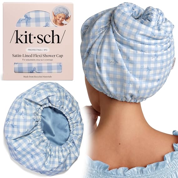 Kitsch Luxury Satin-Lined Flexi Shower Cap for Women - Gingham Blue