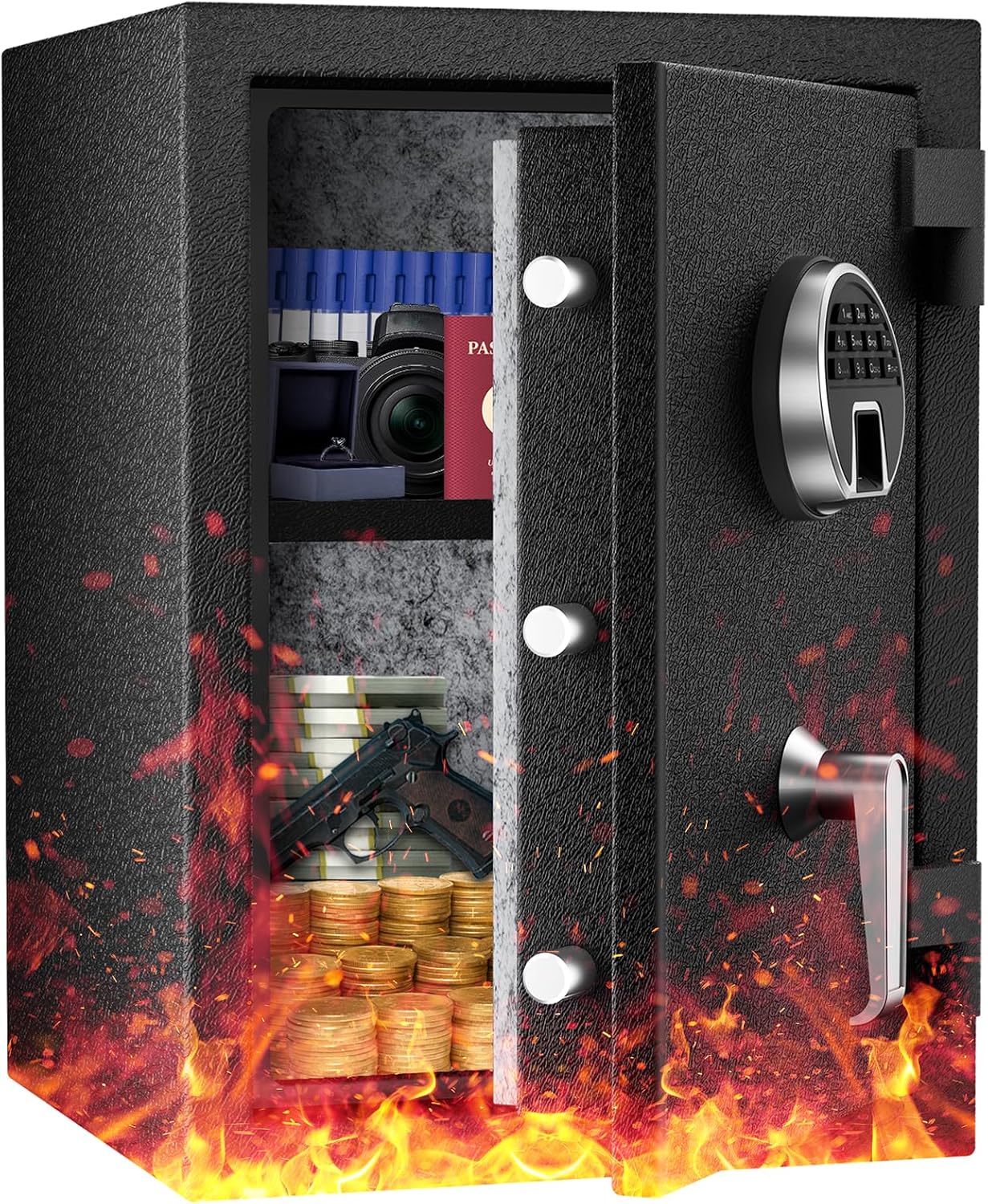 WASJOYE Biometric Fireproof Safe Fingerprint Furniture Safe with Digital Keyboard and Type-C Charging Safe Waterproof for Documents & Cash Safe for Home Hotel Office 63L