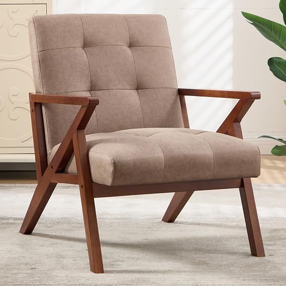 EBELLO Mid Century Accent Chair, Triangular Stable Frame Lounge Chair with High-Resilience Thick Cushion, PU Leather Upholstered Armchair with Tufted Back for Living Room, Bedroom, Study, Khaki