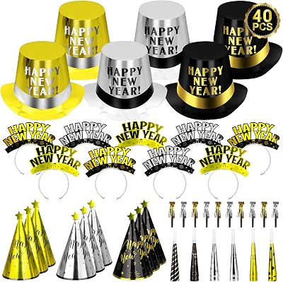 40PCS New Years Eve Party Supplies for 20 Guests, New Years Party Hats Headbands Blowouts Gold Black New Years Accessories, Tiaras Top Hat Friged NYE Noise Makers Cone Hat Horns for New Years Party