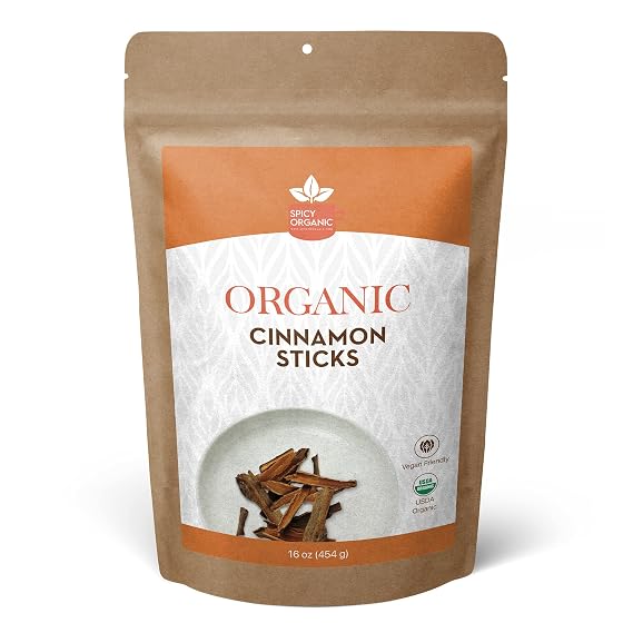SPICY ORGANIC Cinnamon Sticks Pure USDA Organic Non-GMO Cinnamon Sticks Whole - Great for Adding an Extra Flavor in Cooking, Baking and Beverages 16 Oz