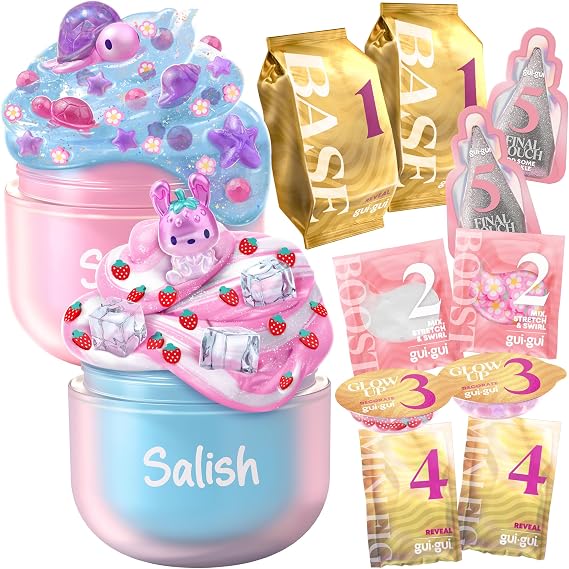 GUI GUI Slime Kit by Salish | Clear & Gloss Bundle Pack | 5-Step Beauty Set | Gloss and clear slime set with booster, mini figures, cute charms, 5-step beauty routine, birthday gift, for ages 6+