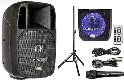 Alphasonik 10 Powered 1600W PRO DJ Amplified Loud Speaker Bluetooth USB SD Card AUX MP3 FM Radio PA System LED Ring Karaoke Mic Main Monitor, Band Church, Party, Guitar Amp, Home, BBQ wTripod Stand