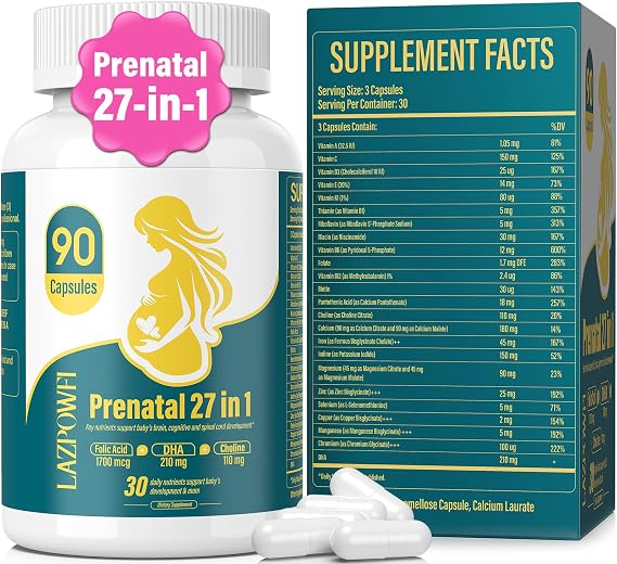 Prenatal Vitamins for Women multivitamin with Folic Acid DHA Choline for Pregnant and Nursing Women Niacinamide Biotin and Minerals 27 in 1 Needed Supplement 90 Capsules-30 Servings-White