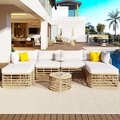 7 Pieces Outdoor Patio Furniture Set, All-Weather Rattan Modular Sectional Sofa Conversation Set with Thick Cushions and Pillows, Freely Combined Seating Group for Garden, Backyard, Balcony, Beige