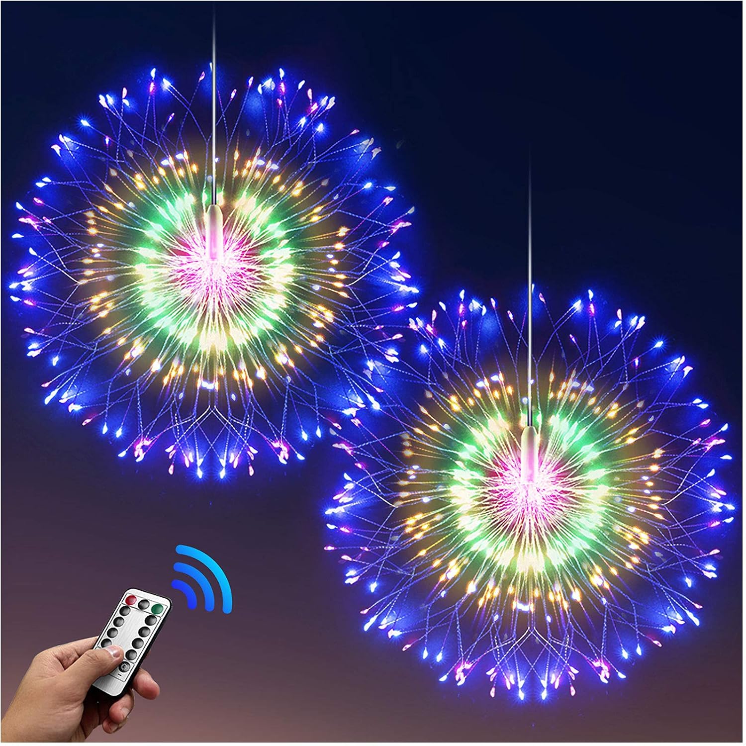 DenicMic Firework Starburst Lights - 200 LED Copper Wire Battery Operated Hanging Sphere With Remote, 8 Modes Stars Fairy Ceiling Decorations for Patio Party Wedding Christmas 2 Pack