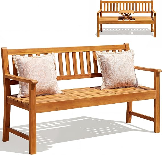 Devoko Acacia Wood Outdoor Bench, 2-Person Garden Bench with Pull-Out Table