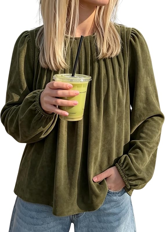 Gozoloma Women's Faux Suede Long Sleeve Pleated Top