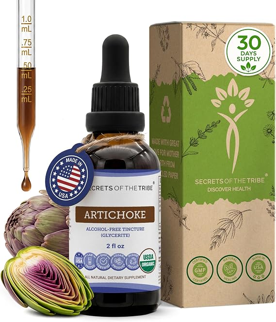 Secrets of the Tribe Organic Artichoke Liquid Extract for Liver Support & Digestive Health | USDA Certified | Antioxidant Herbal Supplement | Alcohol-Free | Cynara scolymus Dried Leaf | Drops 2 fl oz