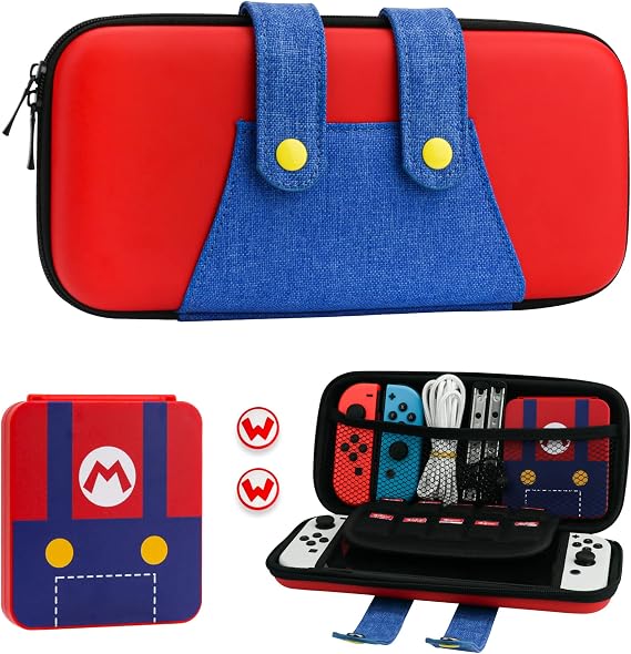 FUNDIARY Nintendo Switch ve Switch OLED için Taşıma Çantası, Anahtar ve Anahtar OLED için Sert Taşınabilir Seyahat Çantası, Oyun Kılıfı ve 2 Parmak Kapaklı Kılıf Aksesuar Paketi - Super Mario için