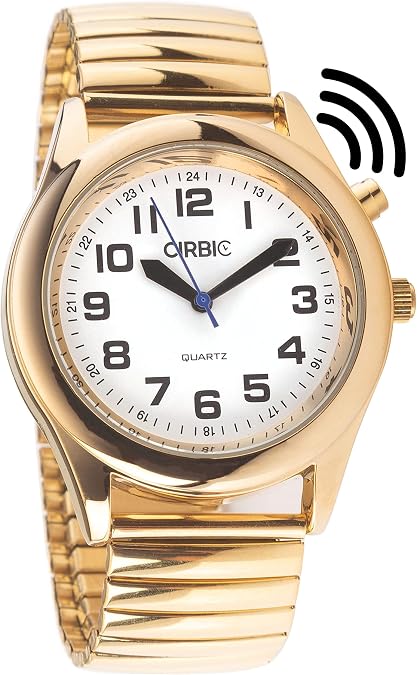 Golden Talking Watch for the Blind of Visually impaired, Wrist Watch with Expanding Steel Strap, Big Numbers and Clear North American Male Voice.
