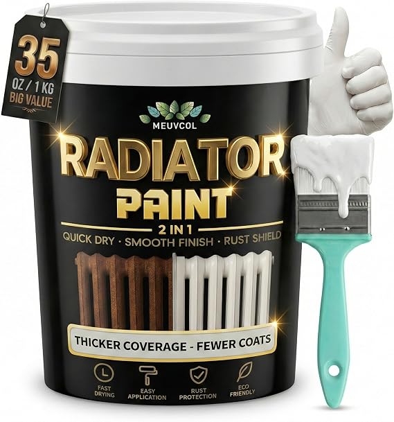 Meuvcol 2 in 1 Radiator Paint & Primer - 1000ml White Enamel Metal Paint for Radiators, Pipes & Towel Rails - Anti Rust Matte Touch Up Paint - Heat Resistant, Durable, Low Odor, Non-Yellowing