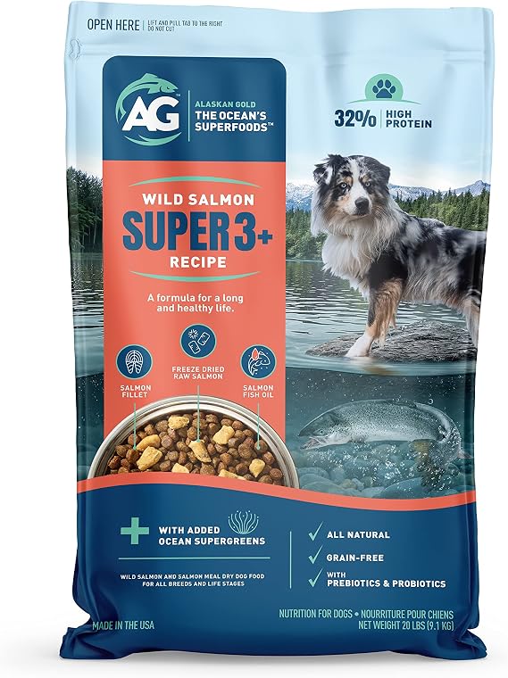 Wild Salmon Dry Dog Food with Freeze-Dried Raw Pieces & Omega-3 Salmon Oil | 32% High-Protein | Grain-Free | All-Natural | Small & Large Breeds | Puppies & Adults | 20 lb
