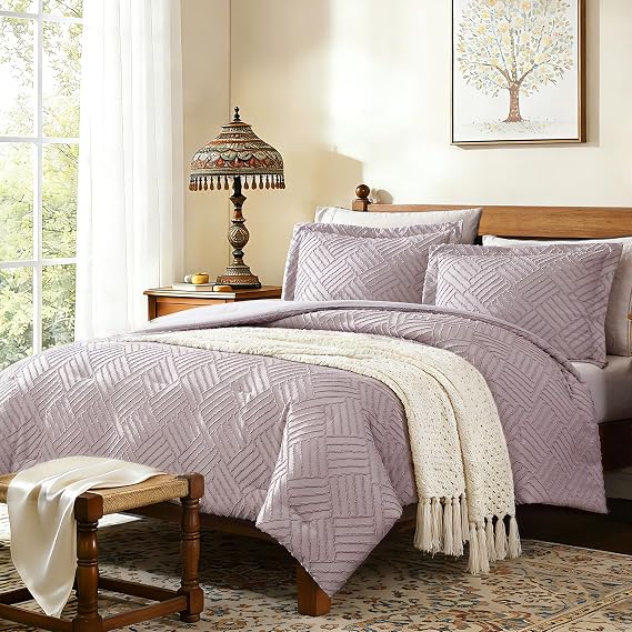 ClevaHome Twin Comforter Set Purple Dove, 2 Pieces Clipped Jacquard Comforter Set, All Season Lightweight Soft Shabby Chic Embroidered Bed Set (68" x 88" Comforter & 1 Pillow Sham)