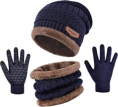 3-Pieces Winter Beanie Hat Gloves Scaef Thick Lined Warm Knit Hat Touch Screen Gloves Neck Warmer Cold Weather Men & Women