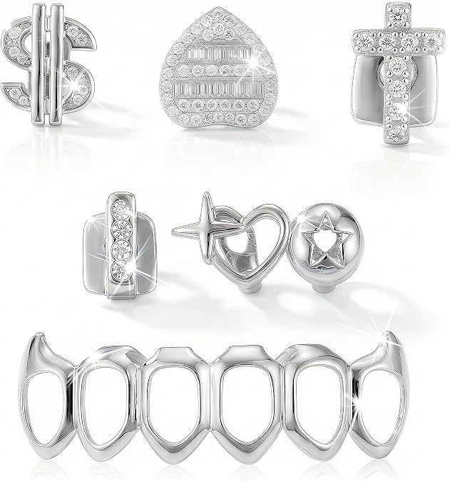 6 Pcs Hip Hop Grillz Set for Women, Open Face Teeth Jewelry with Gold & Silver Aesthetic, Adjustable Dental Caps, Perfect for Summer, Music Festivals, 4th of July, World Cup Parties, Costume Events