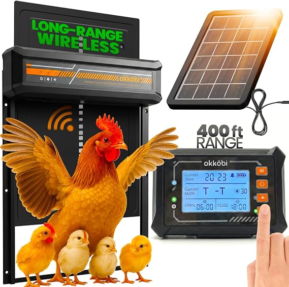 Chicken Coop Door, Solar Powered with Wireless Control Box and LCD Display