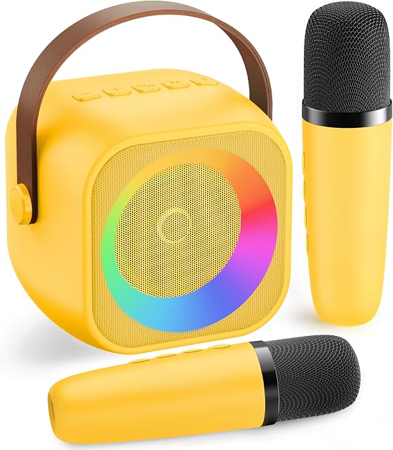Mini Karaoke Machine for Kids Adults:Portable Bluetooth Karaoke Speaker with 2 Wireless Microphones and Lights for Home Party, Christmas Birthday Gifts for 4-12+ Years Old Girls Boys(Yellow) | 360 Surround Sound,5 Voice Effects,Bluetooth 5.0,LED Lights, TF/USB/AUX, For Kids and Adults, Family Home Party and Gifts
