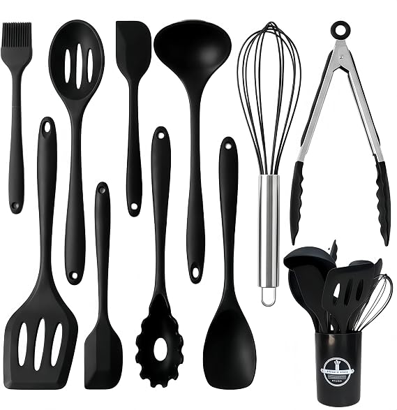 Silicone Kitchen Utensils Set,10 PCS Cooking Kitchen Utensils Set, Nonstick Kitchen Utensils 446F Heat-Resistant Cookware Kitchen Tools of Spoon,Brush,Whisk,Spatula,Turner TongsBlack
