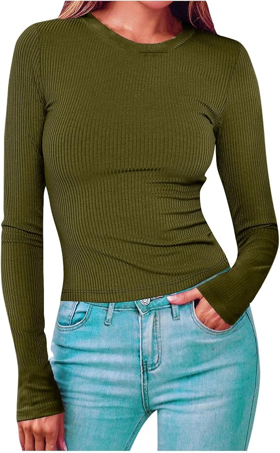 Lastesso Womens Long Sleeve Tops Soft Slimming Fit Crewneck T-Shirts Basic Solid Fall Fashion Blouses Fall Going Out Shirt