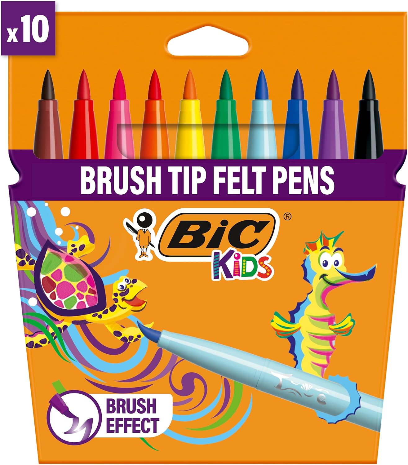 BIC Kids Visaquarelle Brush Tip Crayon 10 Colors, Flexible and Soft Tip with Brush Head, Washable Water Based Paint