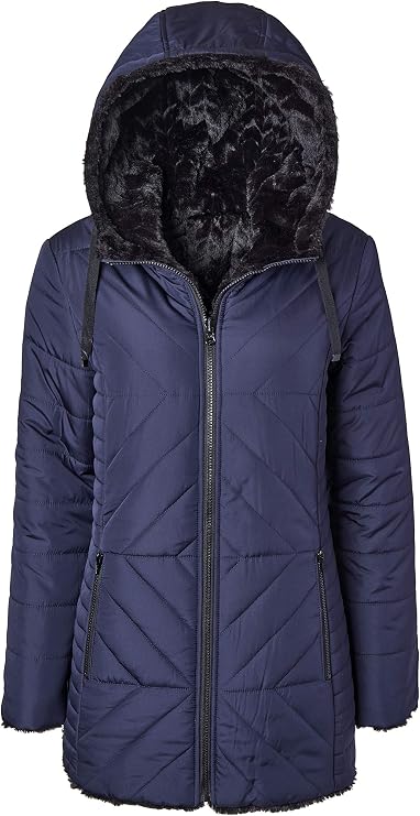 Women Hooded Puffer Jacket Reversible to Black Chevron Faux Fur Winter Coats