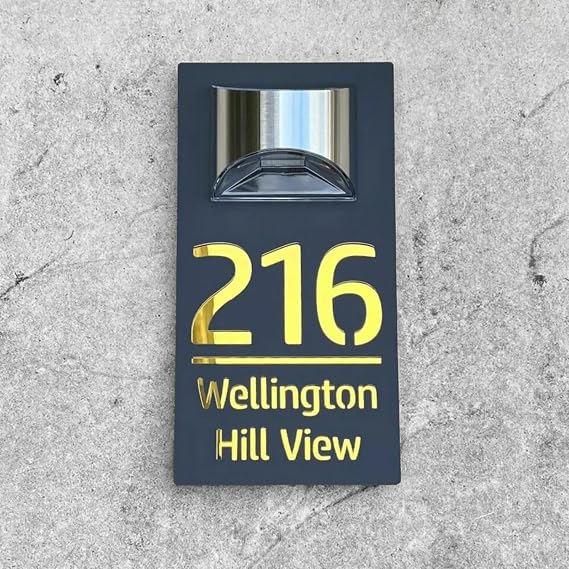 TER Personalized House Number with Solar Lights Custom Light Up House Number Sign with Solar Powered Spotlights (Black and Gold)
