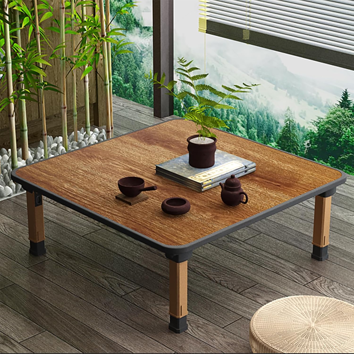 Japanese Folding Tea Coffee Table, Wooden Low Table for Tatami Sitting on The Floor, Foldable Laptop Kotatsu Dining Table Meditation Bay Window Table60cm24, Square