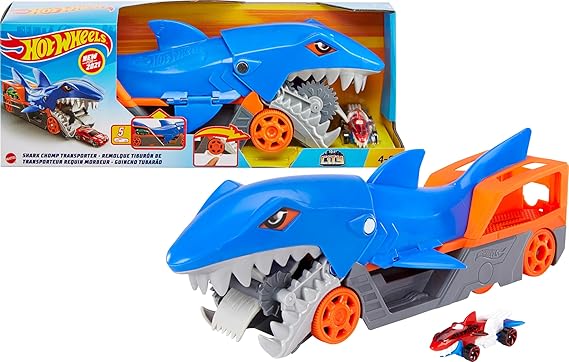 Hot Wheels Toy Car Hauler, Shark Chomp Transporter, Picks Up 1:64 Scale Vehicles in Its Jaws & Stores Up to Five in its Belly & Includes 1