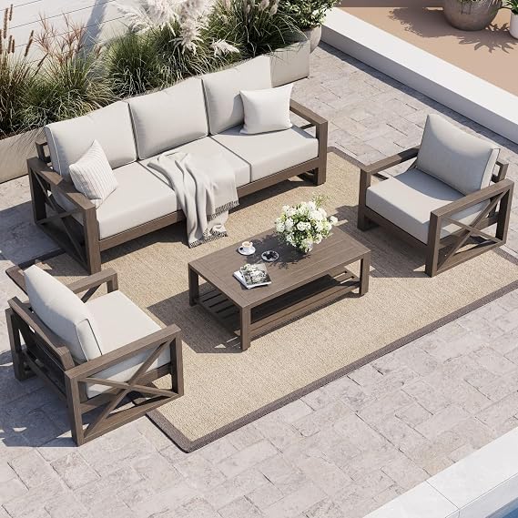 UDPATIO Aluminum Outdoor Patio Furniture Set Faux Wood Grain 4 Pcs Beige | Faux Wood Grain Modern Outdoor Furniture, 6" Cushions Metal Patio Conversation Sofa for Poolside, Deck, Include Covers
