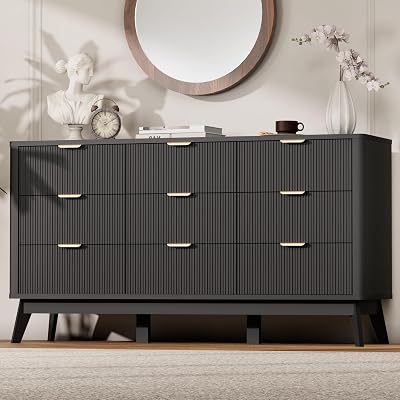 Royal Windsor Fluted 9 Drawers Dresser for Bedroom,59 Wide Wooden Dresser Chest of Drawers,Curved Profile Design,Storage Organizer for Living Room,Hallway,Black