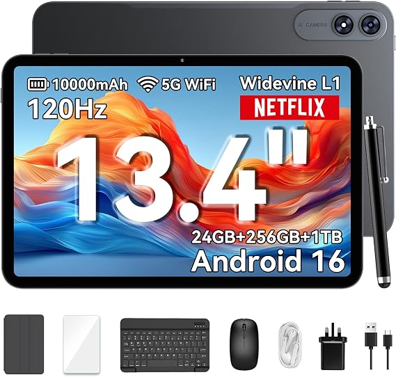 13 inch Tablet Android 16,13.4" Large Screen Tablets with Keyboard | with Case & Pen, Mouse, 24GB RAM+256GB ROM, 120Hz 2K Display, 10000mAh/18W, T7280 Octa-Core, Gemini AI, OTG, 16MP+8MP
