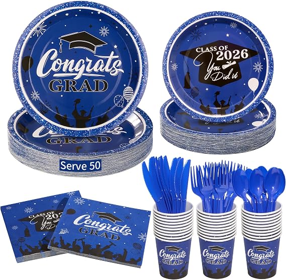 350PCS Blue 2026 Congrats Grad Disposable Paper Tableware Sets | Graduation Party Supplies Includes 9" & 7" Disposable Graduation Paper Plates, 9oz Cups, Napkins & Cutlery for 50 Guests