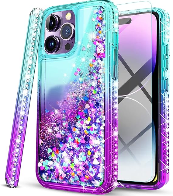 STARSHOP Compatible With iPhone 12 Pro Max Phone Case, With [Tempered Glass Screen Protector Included] Liquid Floating Glitter Quicksand Cover with Spot Diamond Shockproof Drop Protection -Aqua/Purple