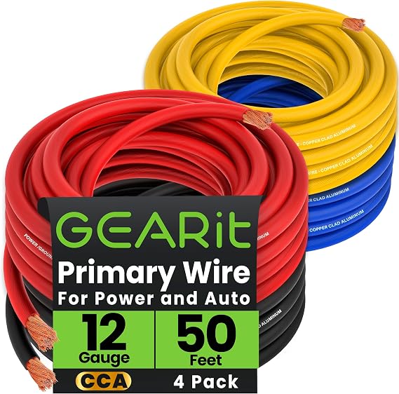 GEARit 12 Gauge Primary Wire CCA, 12 AWG Copper Clad Aluminum Power & Ground Battery Cable, 50 ft Each Black/Red/Blue/Yellow 4-Color Set (200 ft Total) for Automotive, Car Audio, Trailer