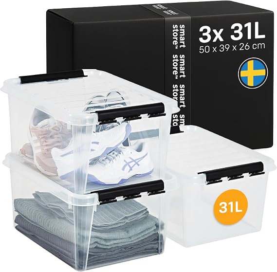 SmartStore - 3x Plastic Storage Box with Lid Classic 31L (50x39x26cm) |Plastic Storage Drawers with Lid|Food-Safe Material|Kitchen & Organisation|Durable Container for Home & Office|