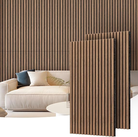 MaxGear Acoustic Wood Slat Wall Panels, 2-Pack 47.2"x23.6", Walnut | 3-Side Wrapped Veneer, NRC 0.75, MDF & PET Felt, Wall Decor, Sound Absorbing Fluted Paneling for Living Room Bedroom Office