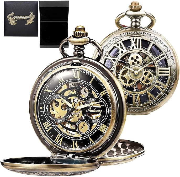 Pocket Watch Skeleton Mechanical Double Case Analog Antique Roman Numerals for Men with Gift Box