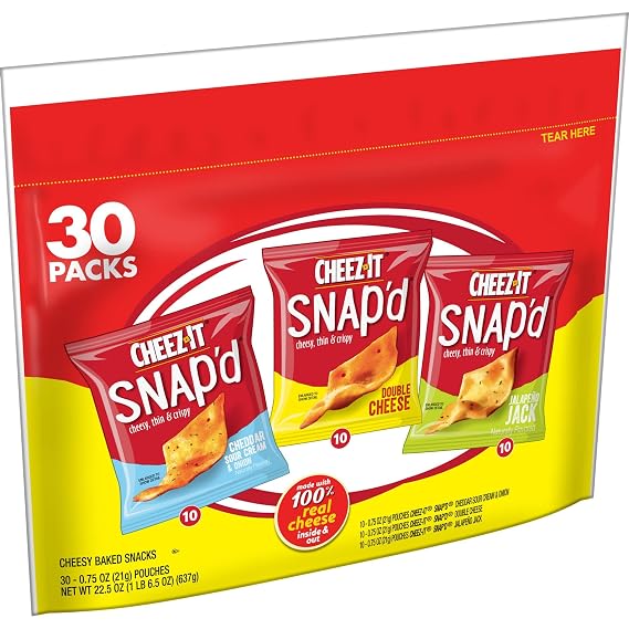Cheez-It Snap'd Cheese Cracker Chips, Thin Crisps, Lunch Snacks, Variety Pack, 22.5oz Bag (30 Pouches)
