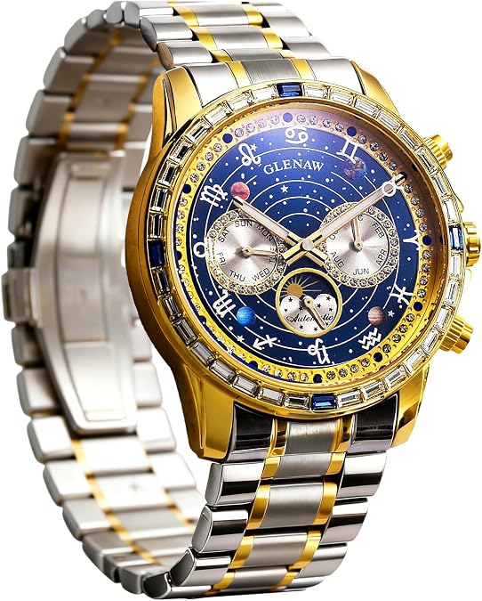 FORSINING Men's Automatic Mechanical Watch - Cosmic Starry Sky Dial with 12 Constellation, Rhinestone-Inlaid Luxury Luminous Watch with Month/Week/Moon Phase, Stainless Steel Strap Wristwatch